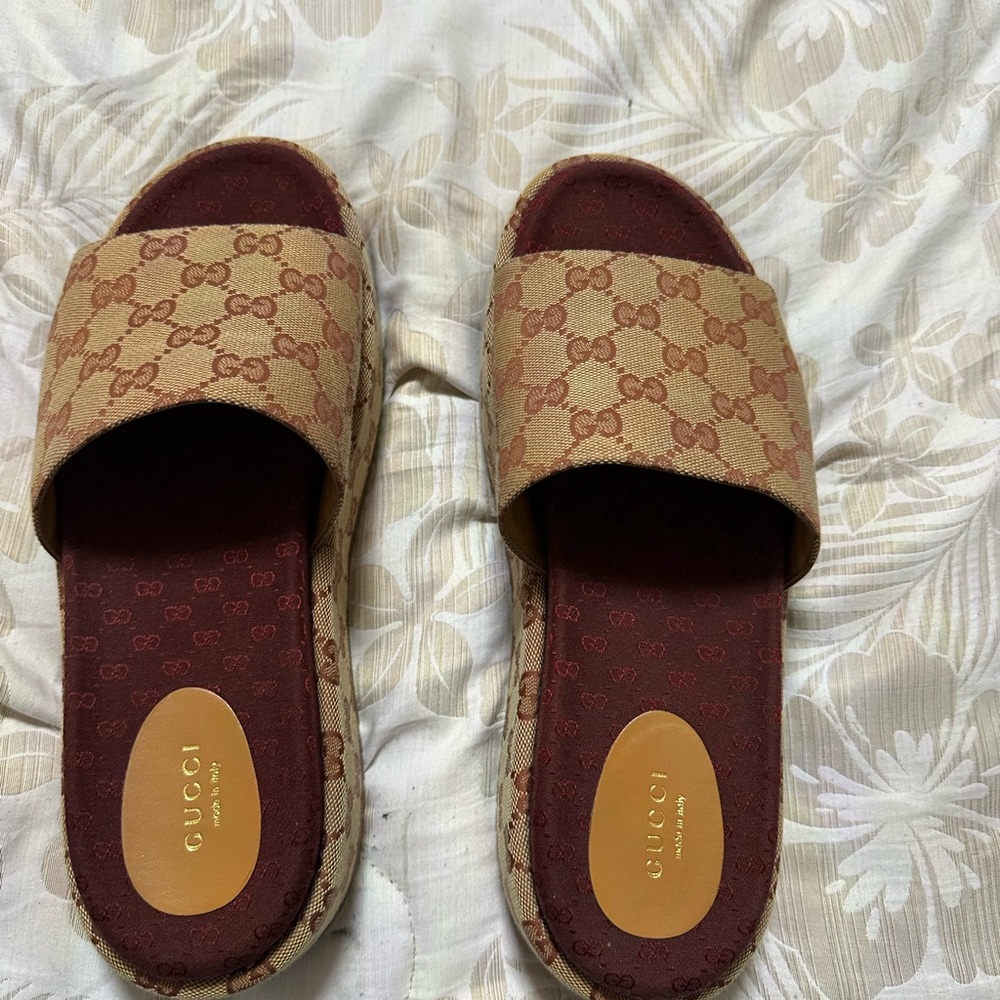 Gucci Beige and Brown Platform Slides